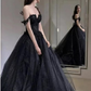 Lace Applique Tulle Dress, Black Glitter Wedding Dress, 3D Flowers Long Evening Gown     fg2942