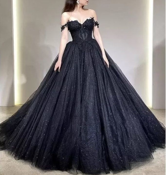 Lace Applique Tulle Dress, Black Glitter Wedding Dress, 3D Flowers Lon