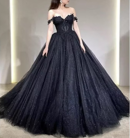 Lace Applique Tulle Dress, Black Glitter Wedding Dress, 3D Flowers Long Evening Gown     fg2942