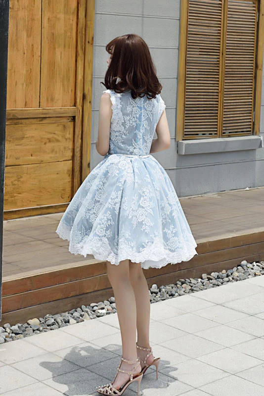 Light Sky Blue Homecoming Dress With Lace Appliques, Cute Short Formal Dress     fg2544