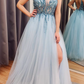 Blue tulle beads long A line prom dress evening dress      fg1891