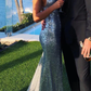 Silver Sequins V Neck Backless Prom Dress with A Sweep Train      fg3113