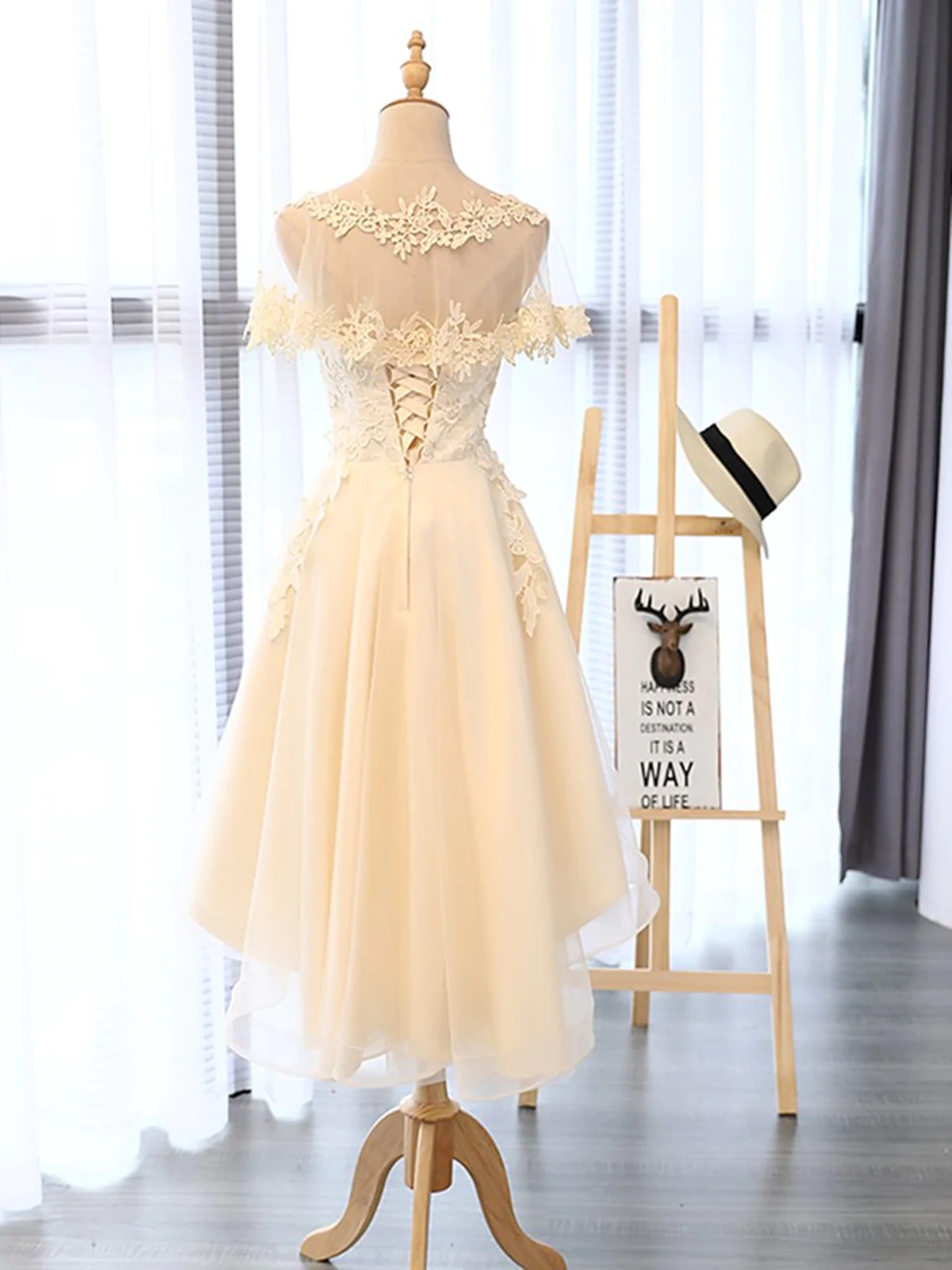 High Low Short Light Champagne Lace Prom Dresses, High Low Light Champ formalgowns High Low Short Light Champagne Lace Prom Dresses, High Low Light Champ formalgowns