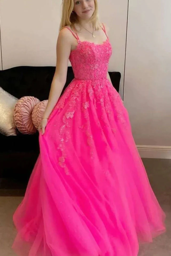 Hot Pink A Line Tulle Lace Appliques Long Prom Dress, Gorgeous Formal Gown    fg1463