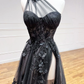 A-Line Black Tulle Lace Long Prom Dress, Black Formal Graduation Dress    fg2232