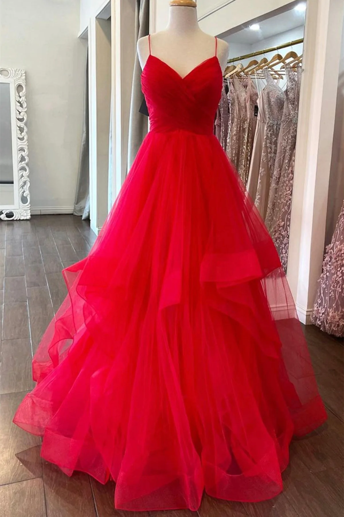 Puffy Red Tulle V Neck Long Prom Dresses, V Neck Red Formal Dresses, R – formalgowns