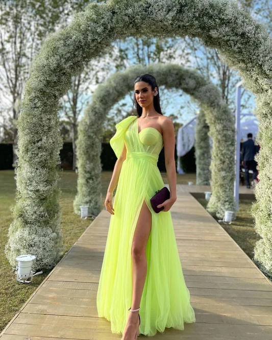 Charming A Line One Shoulder Fluorescent Green Tulle Long Prom Dresses with Slit       fg2351