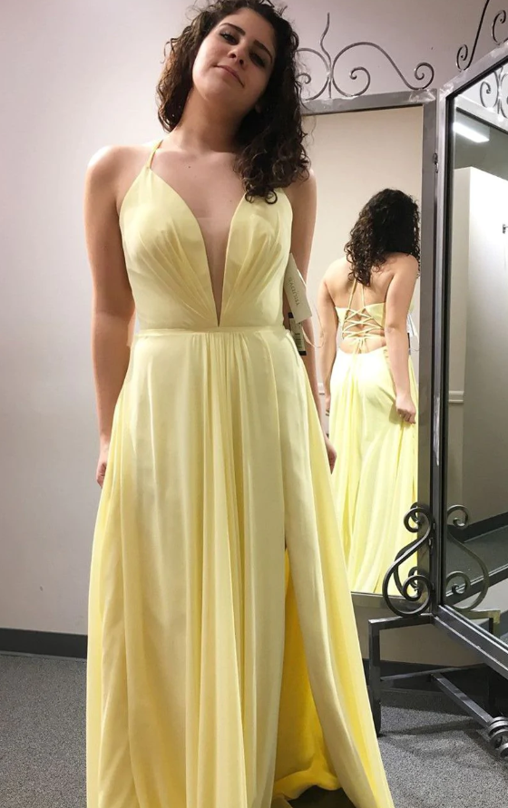 Elegant V Neck A-Line Yellow Long Prom Dress with Slit    fg1540