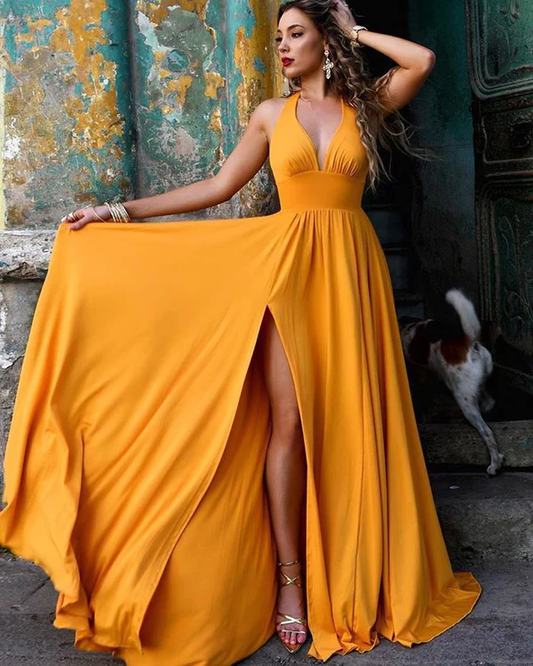 Halter Sweetheart A Line Side Slit Backless Long Gold Prom Dresses     fg3069