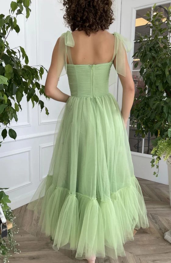 SIMPLE GREEN TULLE TEA LENGTH PROM DRESS, GREEN EVENING DRESS     fg1579