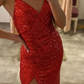 Red Sequins Mermaid Prom Dress V-Neck With Split Spaghetti-Straps     fg3128