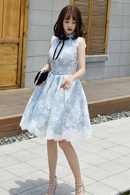 Light Sky Blue Homecoming Dress With Lace Appliques, Cute Short Formal Dress     fg2544