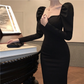 Elegant Mermaid Black Long Dress Women Korean One Piece Vintage Gothic Evening Party Dress  fg2531