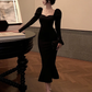 Elegant Mermaid Black Long Dress Women Korean One Piece Vintage Gothic Evening Party Dress  fg2531