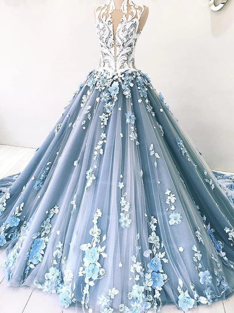 Vintage Ball Gown Prom Dress Tulle High Neck Customed Prom Dress fg305