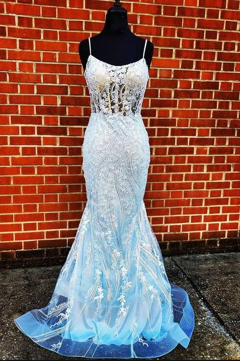 mermaid light blue long prom dress with spaghetti straps      fg2563