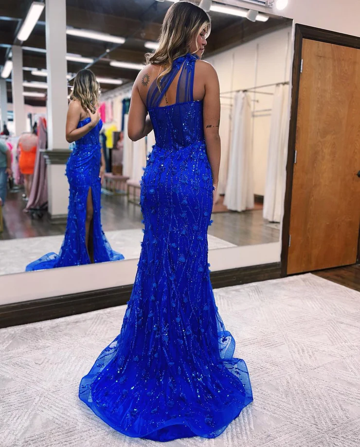 Charming Mermaid One Shoulder Royal Blue Lace Prom Dresses with Slit        fg2355