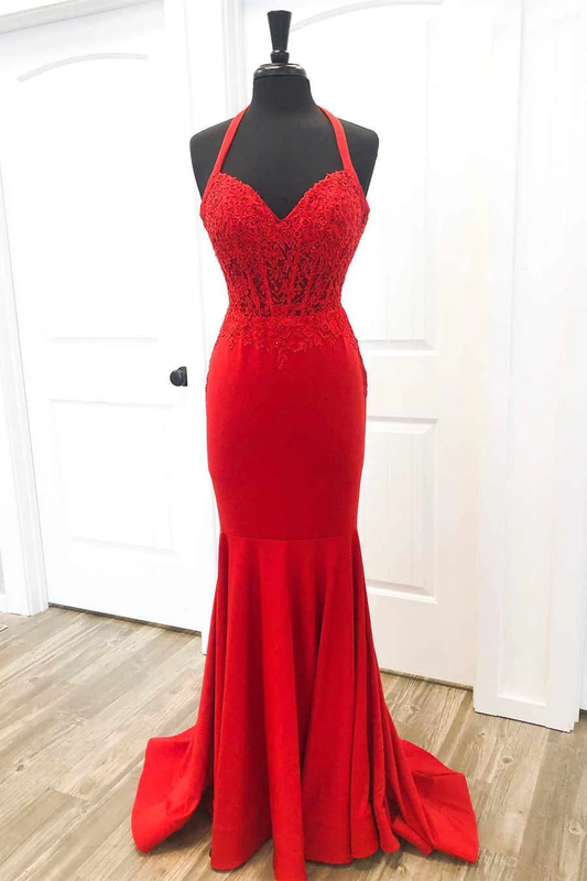 Elegant Red Halter Mermaid Prom Dress with Appliques     fg2368
