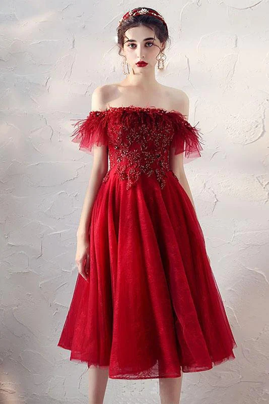 Burgundy Off The Shoulder Knee Length Homecoming Dress With Beading, A Line Dress     fg2553