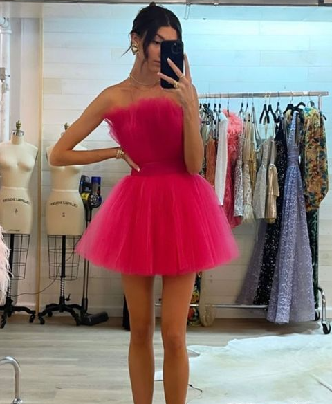 Cute Hot Pink Tulle Mini homecoming dress      fg1256