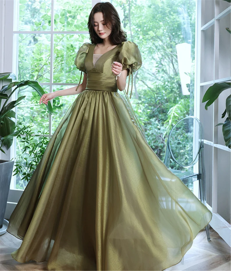Green Evening Dress, Wedding Guest Dress, Puff Sleeve Dress, Fairy Dress, Cottagecore Dress, French Vintage Dress fg2943