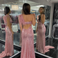 2023 Sparkly Mermaid One Shoulder Blush Sequins Prom Dresses with Slit       fg2350