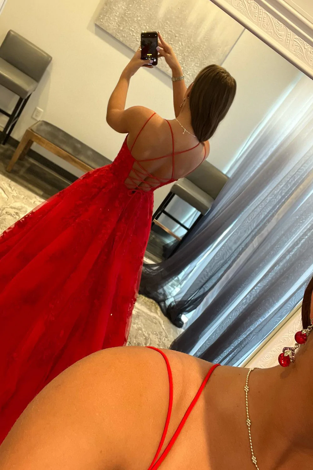 Red Spaghetti Straps Long Prom Dress with Appliques       fg2376