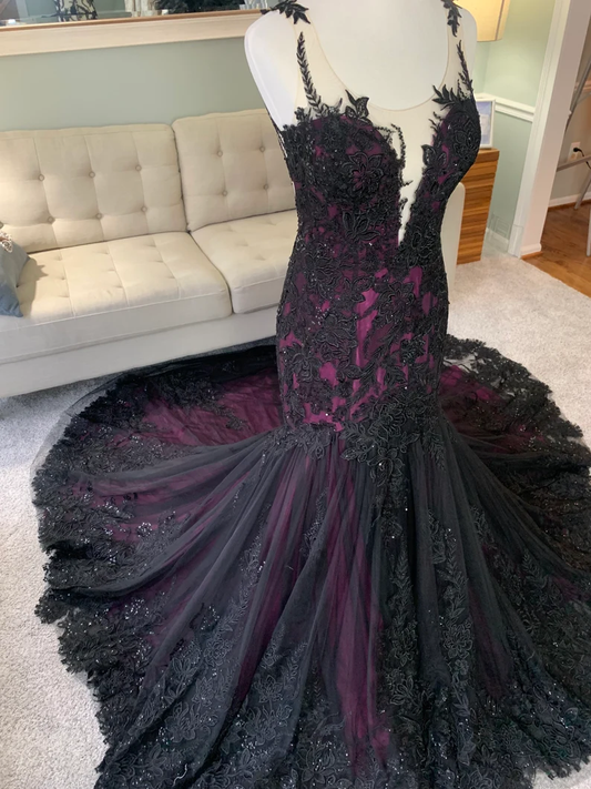 Black and Purple Wedding Dress, Gothic Wedding Dress, Trumpet Black Dress, Formal Dress     fg2556