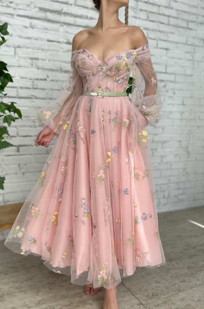 Pink tulle lace short prom dress off shoulder evening dress     fg1497