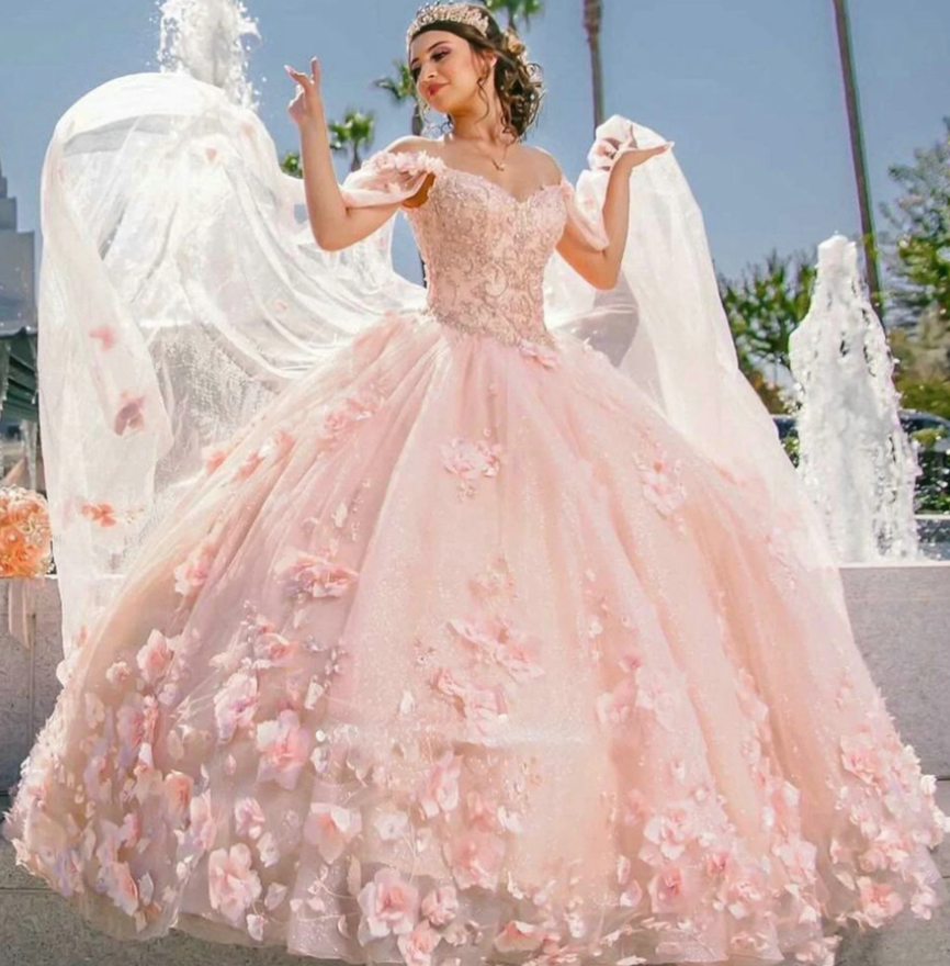 Handmade Flower Princess Ball Gown Quinceańera Dress With Cape Off The Shoulder Lace Vestido De 15 Anos Sweet 16 Dress   fg1001