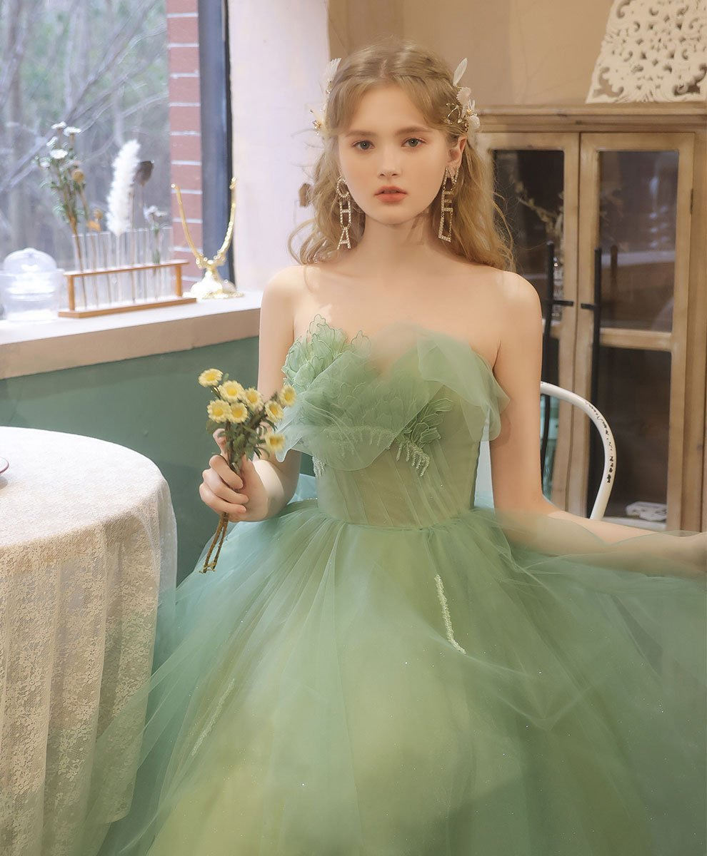 Green tulle lace tea length prom dress green tulle formal dress     fg1916