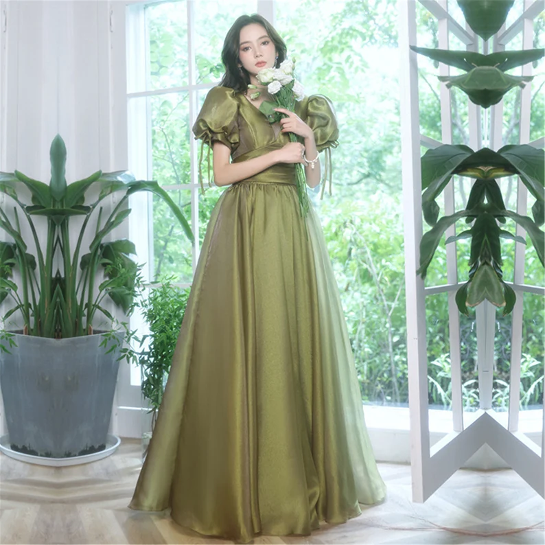 Green Evening Dress, Wedding Guest Dress, Puff Sleeve Dress, Fairy Dre formalgowns Green Evening Dress, Wedding Guest Dress, Puff Sleeve Dress, Fairy Dre formalgowns