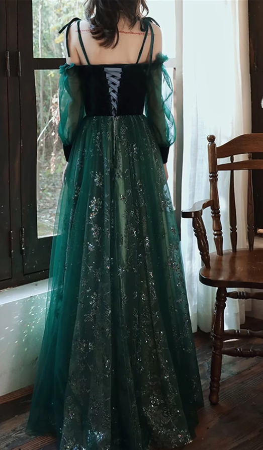 Dark Green Tulle Stunning Sequin Spaghetti Straps Prom Dress, Green Party Dress    fg1046
