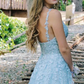 A-Line V-Neck Sleeveless Spaghetti Straps Light Blue Lace Long Prom Dresses    fg3089
