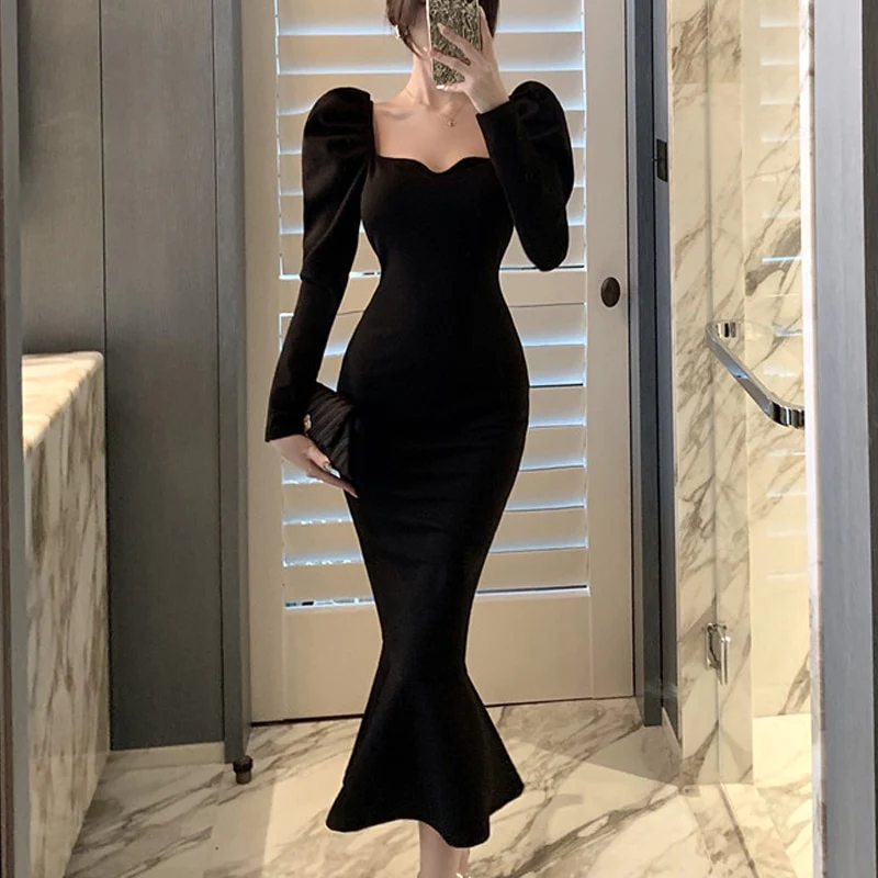 Elegant Mermaid Black Long Dress Women Korean One Piece Vintage Gothic – formalgowns