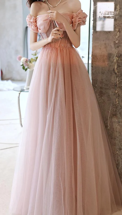 Handmade Retro Princess Off Shoulder Pink Prom Evening Dress    fg1036