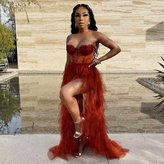 Pleated Sweetheart Cutout Sheath Slit Dress With Bow Rust