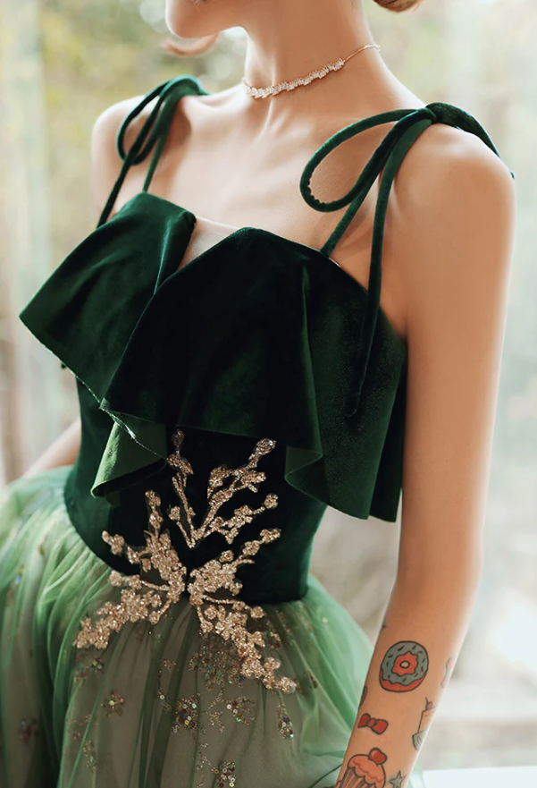 Beautiful Dark Green Straps Tulle with Velvet Party Dress, Green Evening Gown Prom Dress     fg1051