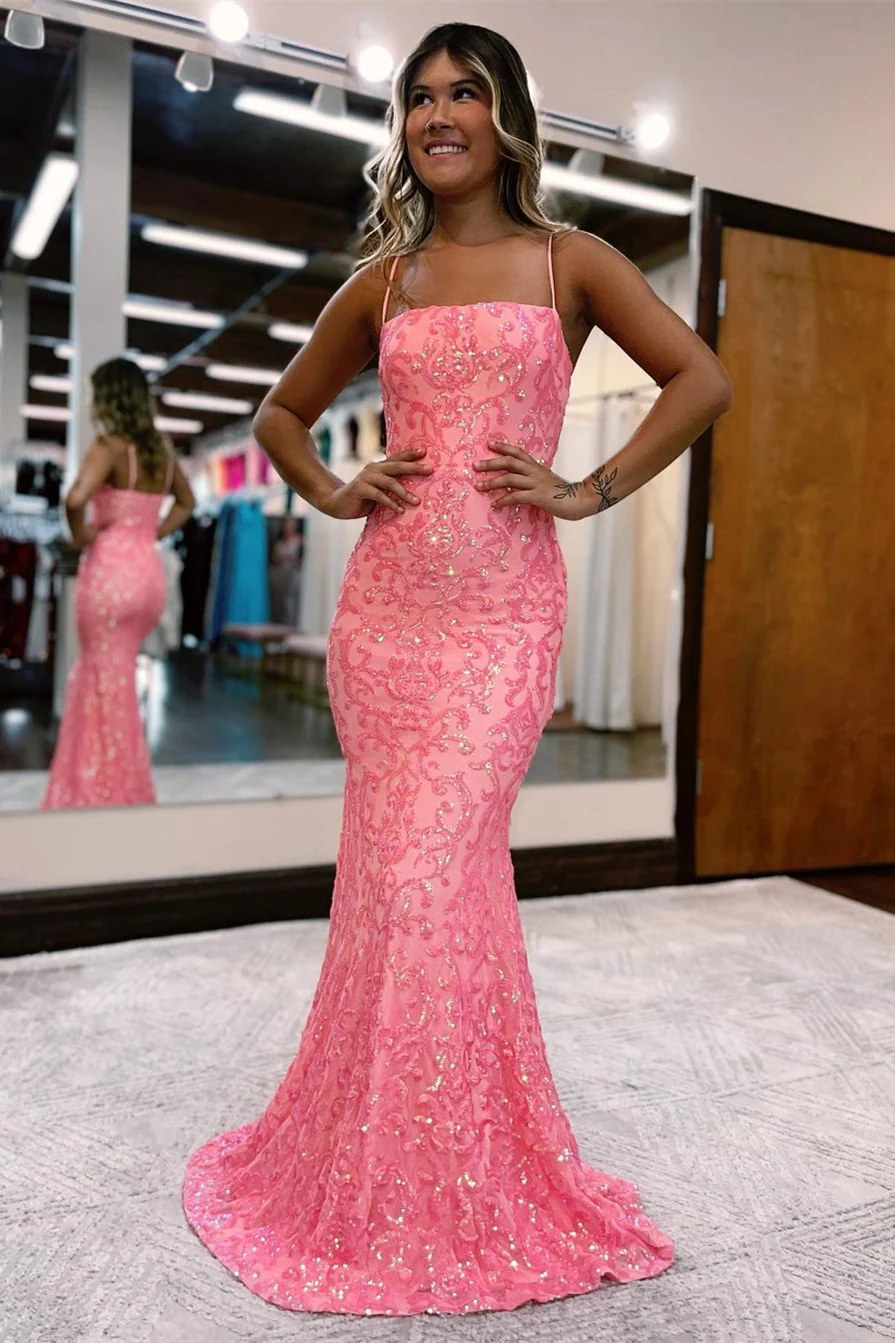 Modern Pink Long Spaghetti Straps Mermaid Prom Dress With Lace    fg3186