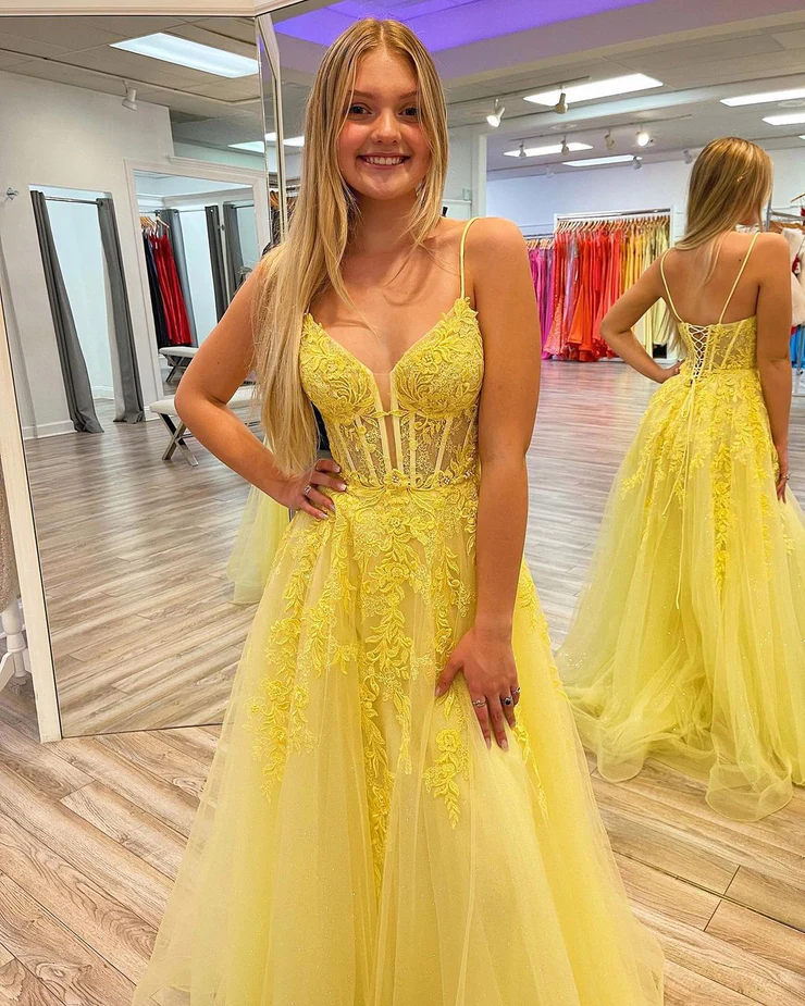 Cute A Line V Neck Yellow Tulle Prom Dresses with Appliques fg3354 formalgowns Cute A Line V Neck Yellow Tulle Prom Dresses with Appliques fg3354 formalgowns