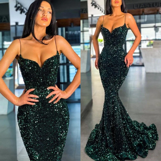 Spaghetti-Straps Dark green Mermaid Prom Dress Long      fg3205