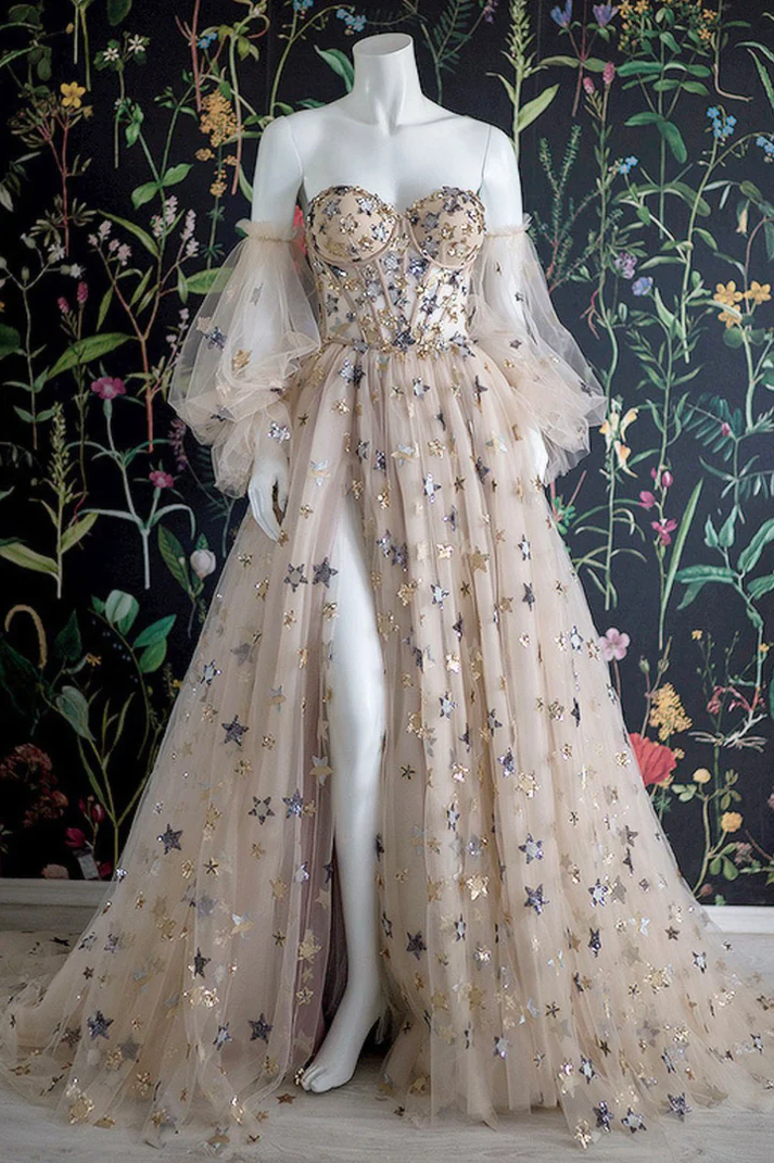 Gorgeous Ball Gown Off The Shoulder Champagne Tulle Long Prom Dresses Graduation Dresses DP664