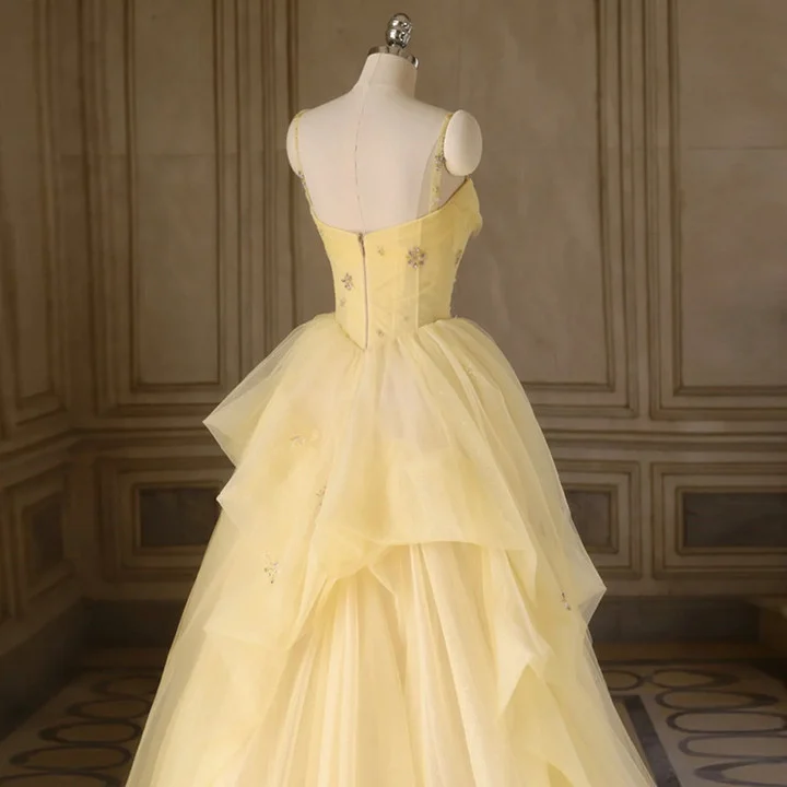Light Yellow Tulle Long Party Dress, Yellow Tulle Prom Dress    fg3284