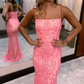 Modern Pink Long Spaghetti Straps Mermaid Prom Dress With Lace    fg3186