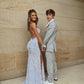 Sparkly Mermaid Scoop Neck White Sequins Long Prom Dresses with Slit     fg3182