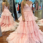 V Neck Layers Tulle Long Ball Gown,A Line Spaghetti Strap Evening Dresses    fg3211