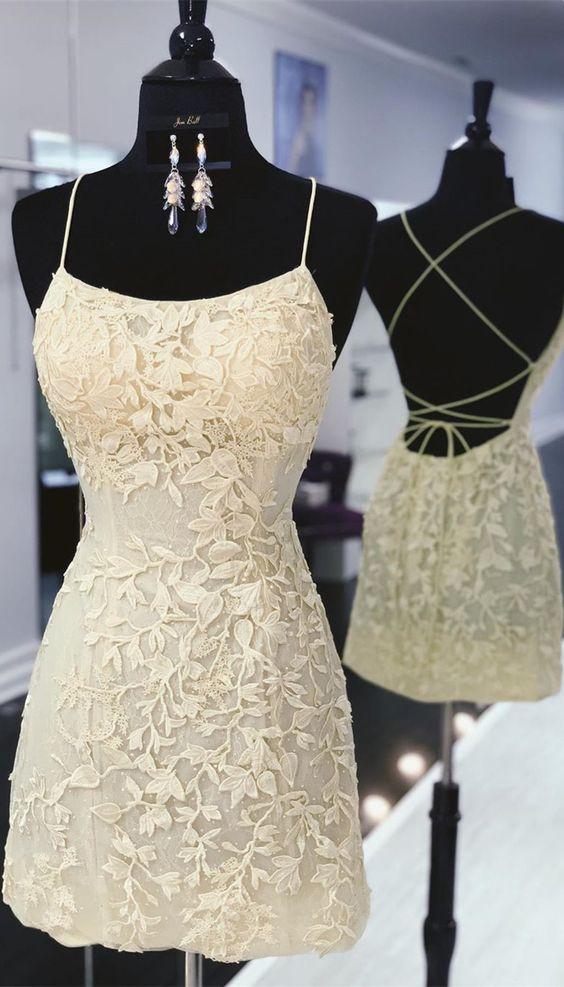 Spaghetti Straps Lace Appliques Homecoming Dress    fg02