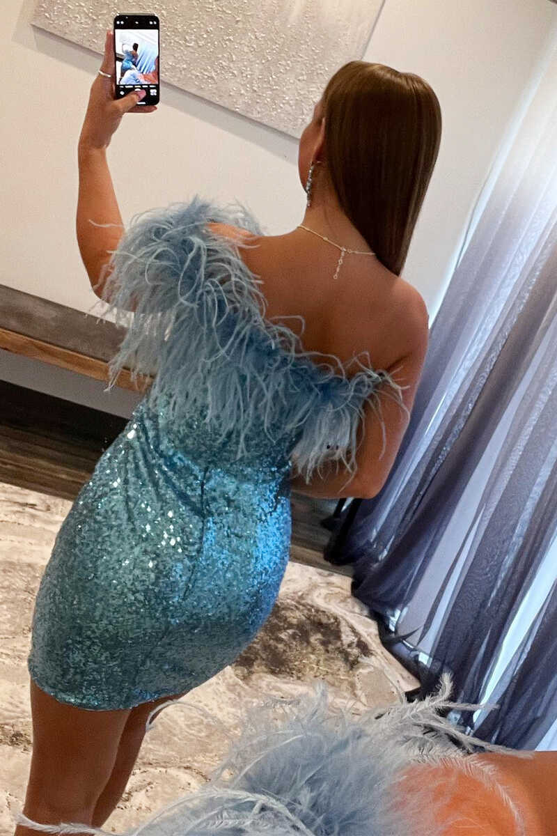 One-Shoulder Light Blue Sequins Feather Mini Homecoming Dress    fg07