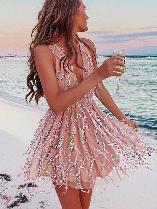 A Line Deep V Neck Champagne Short Homecoming Dresses     fg08