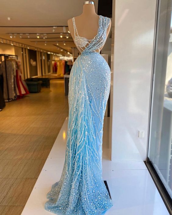 Luxury Sky Blue Evening Dresses Crystals Beaded Sleeveless Mermaid Long Length Tulle Sexy Women Prom Pageant Gowns    fg100